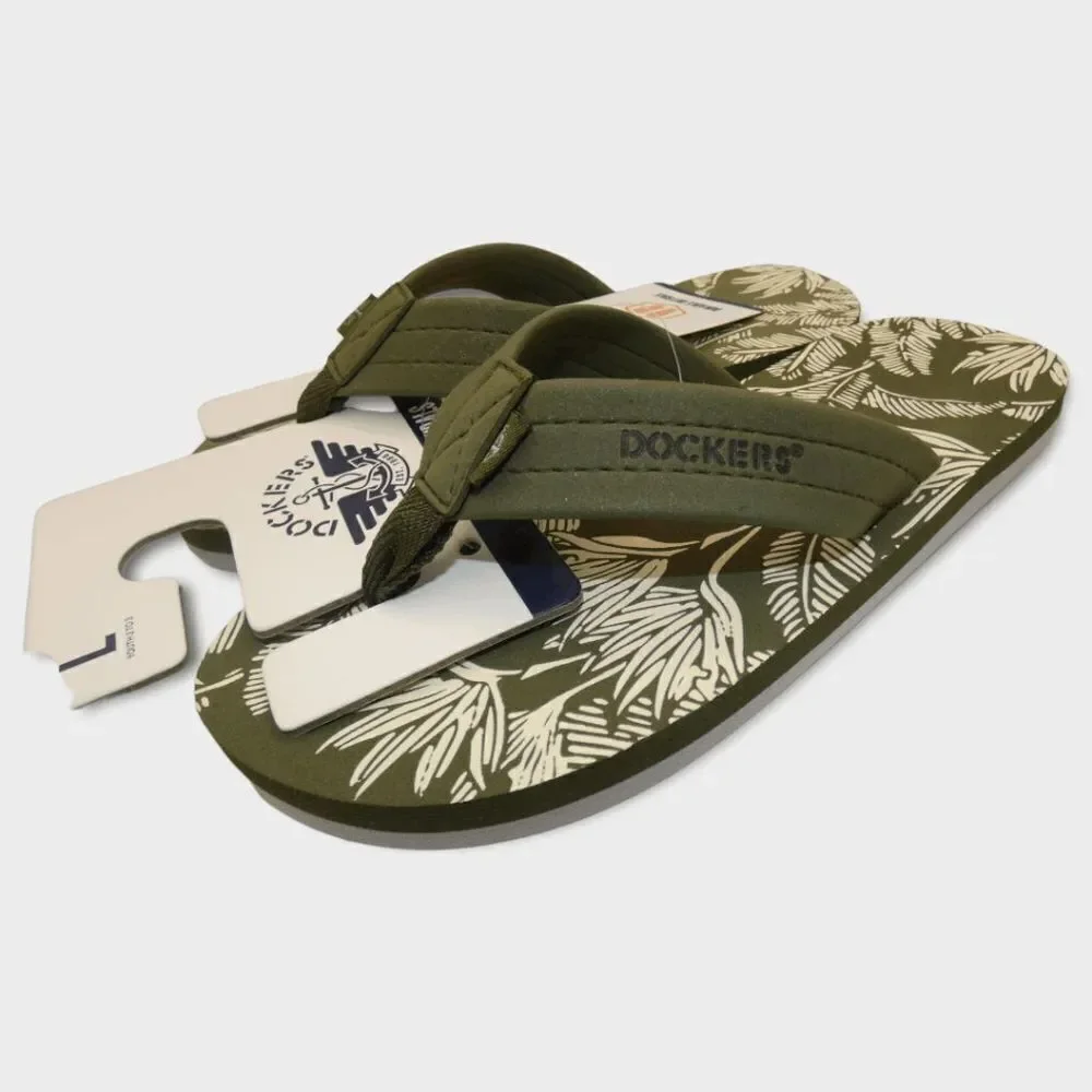 Dockers Premium Flip Flops Green Tropical Palm Print Youth L 2-3 Sandals